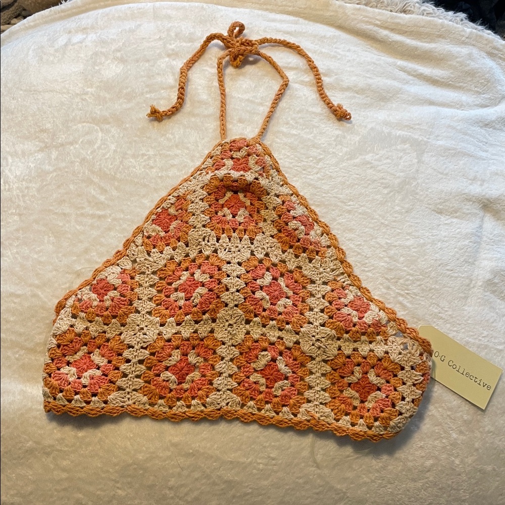 Crochet Halter Top in Orange and Cream